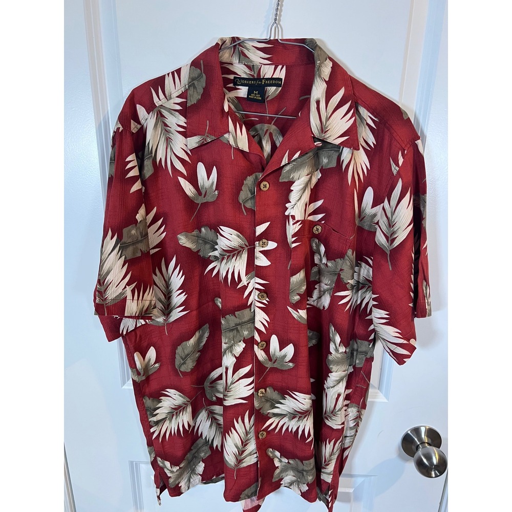 Workers‎ for Freedom Mens Hawaiian Shirt 100% Silk Tropical Leaf Red Size M